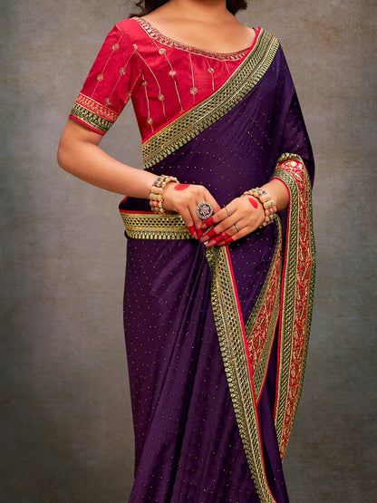 Purple Party Wear Satin Silk Embroidered Saree