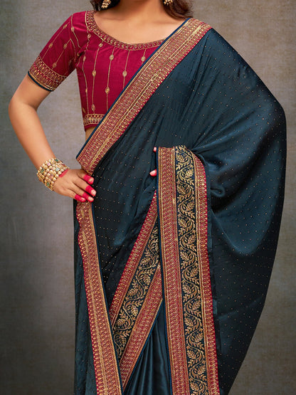 Teal Party Wear Satin Silk Embroidered Saree