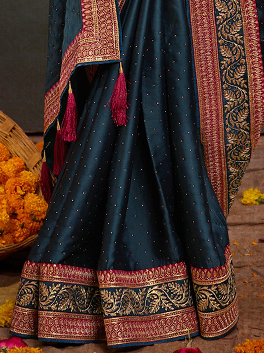 Teal Party Wear Satin Silk Embroidered Saree