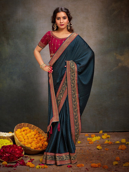 Blue Teal Party Wear Satin Silk Embroidered Saree