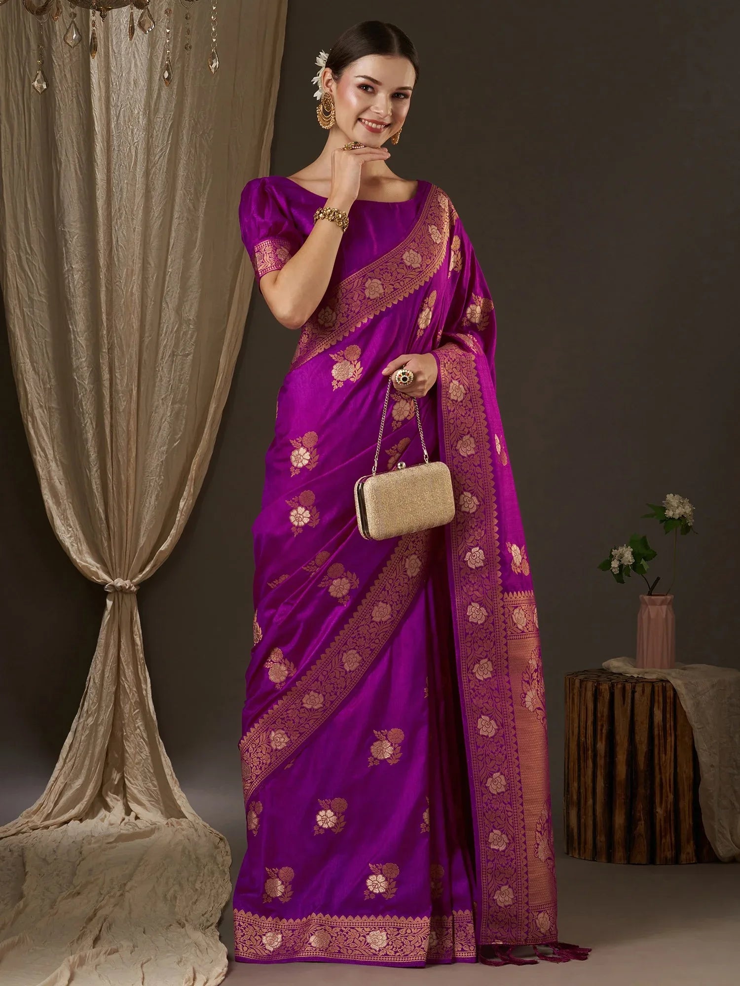 Opulent Purple Banarasi Silk Saree - The Dori Store