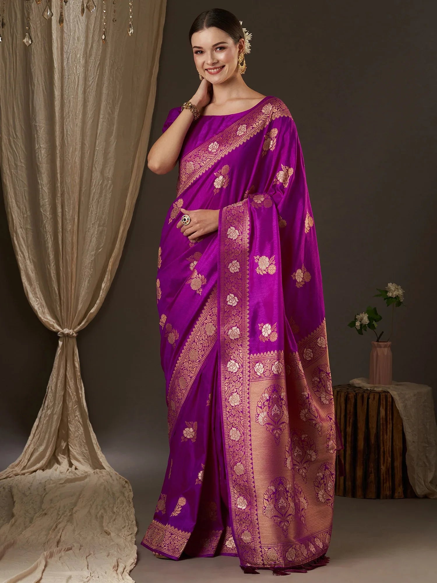 Opulent Purple Banarasi Silk Saree - The Dori Store