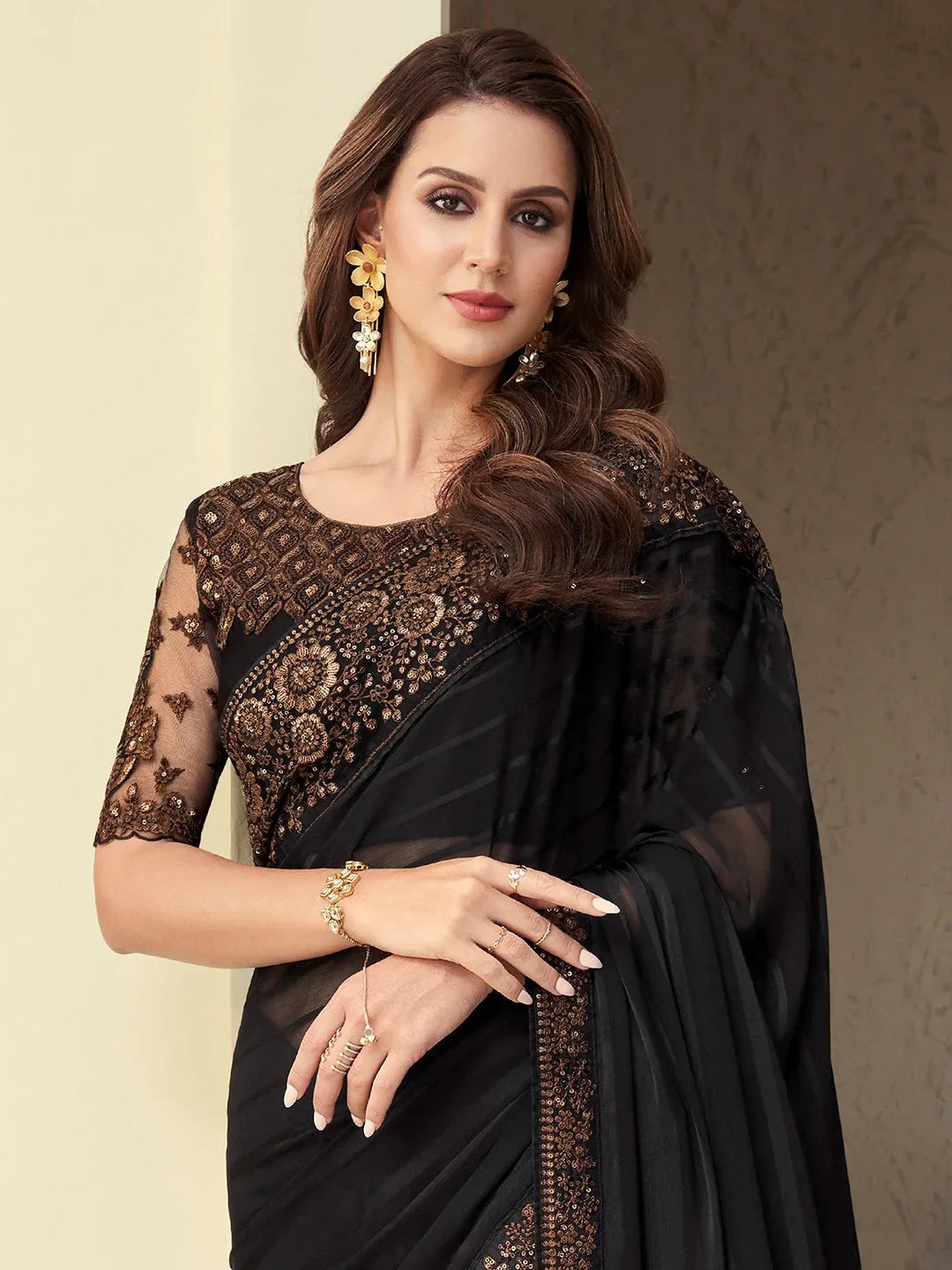 Black Party Wear Georgette Embellished Saree