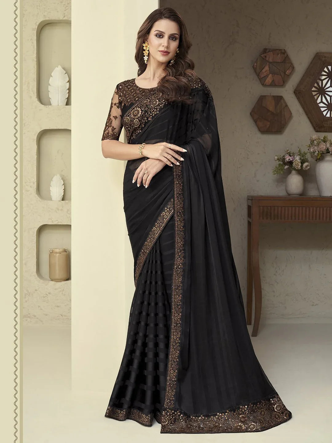 Black Black Party Wear Georgette Embellished Saree