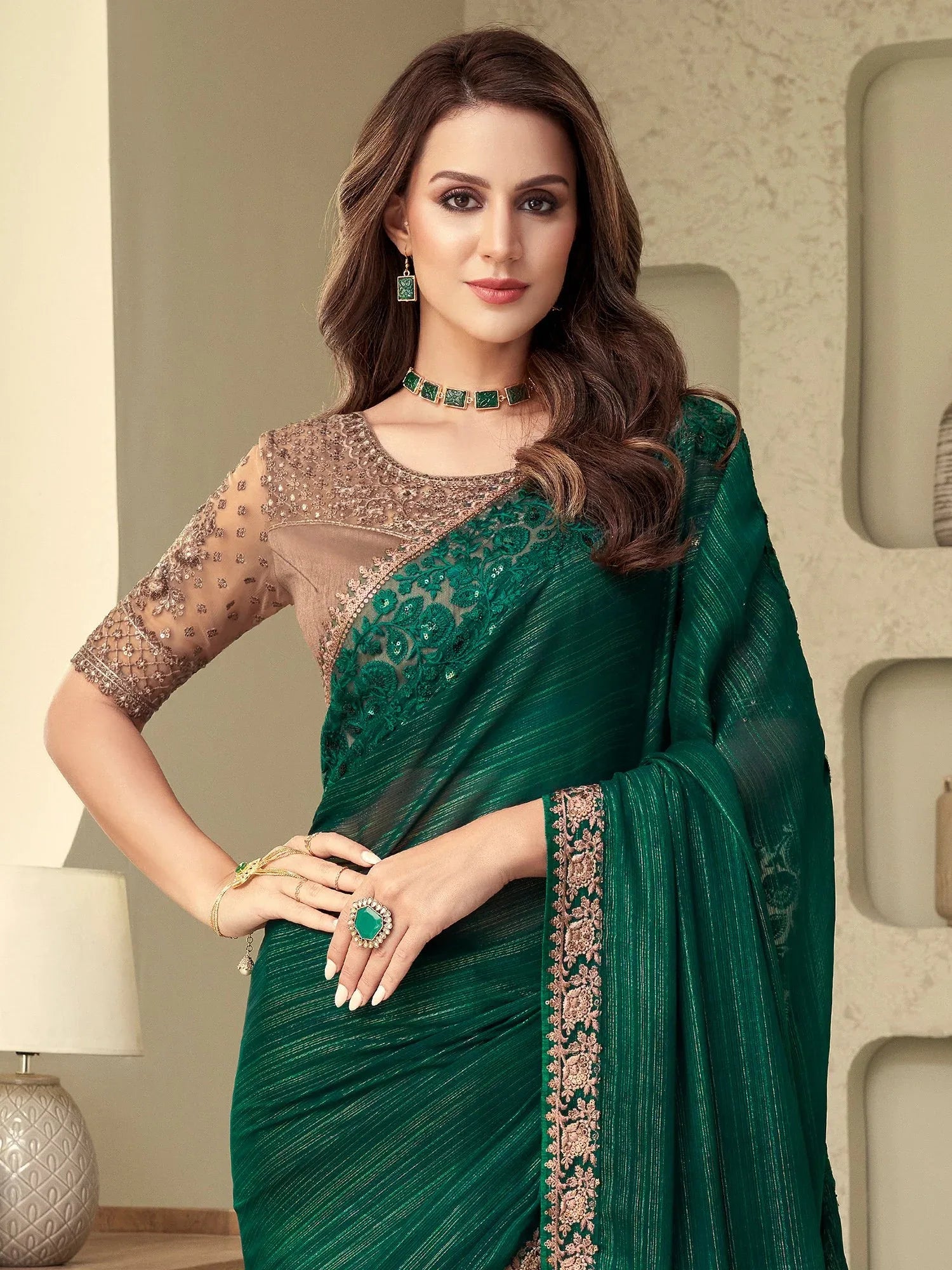 Designer Green Georgette Sequins Saree - The Dori Store
