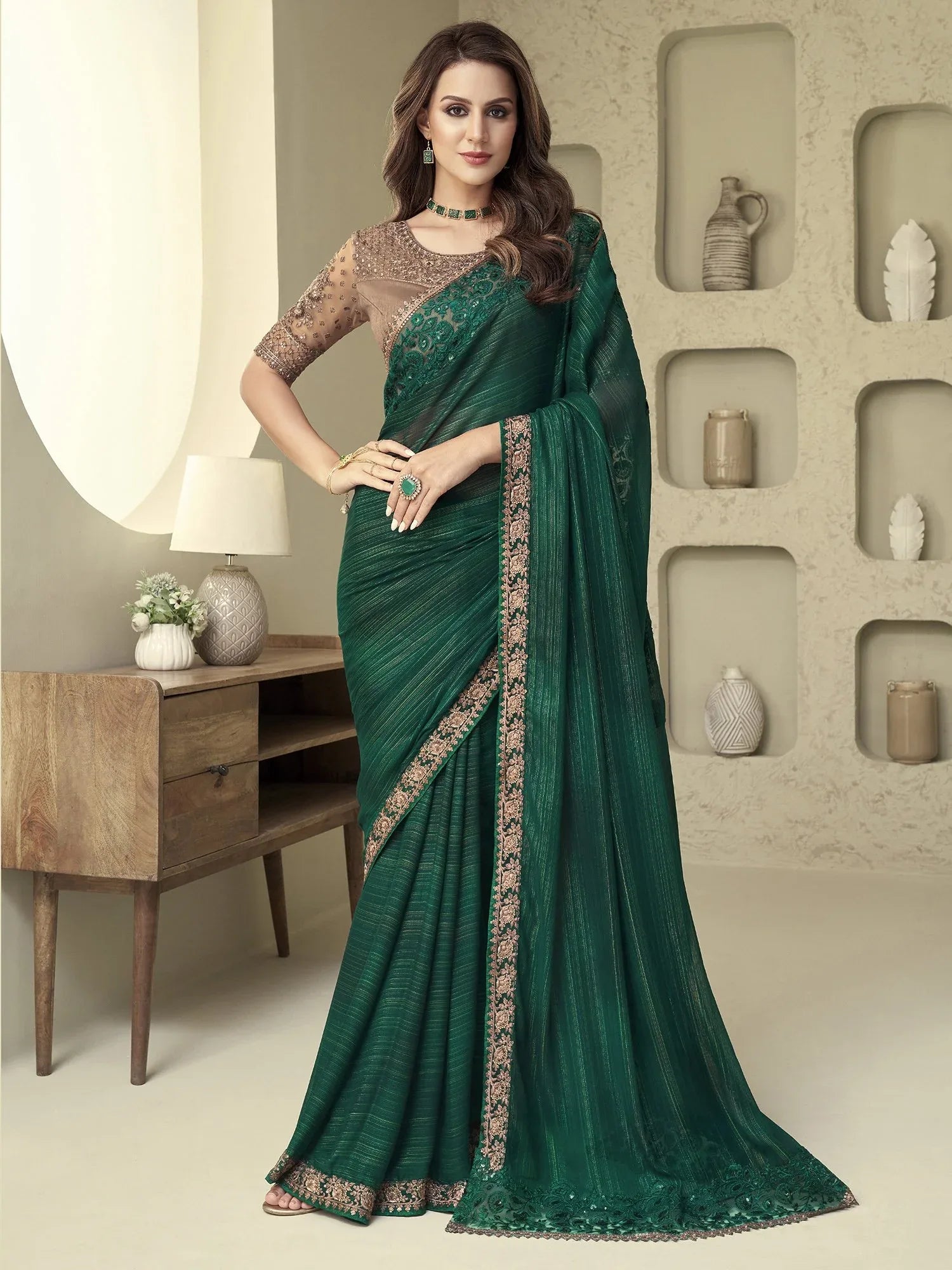 Designer Green Georgette Sequins Saree - The Dori Store