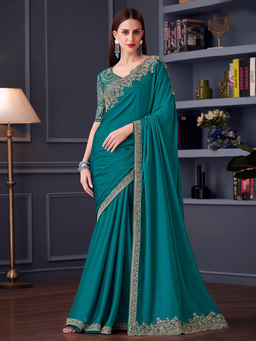 Blue Blue Party Wear Pure Chiffon Embellished Saree