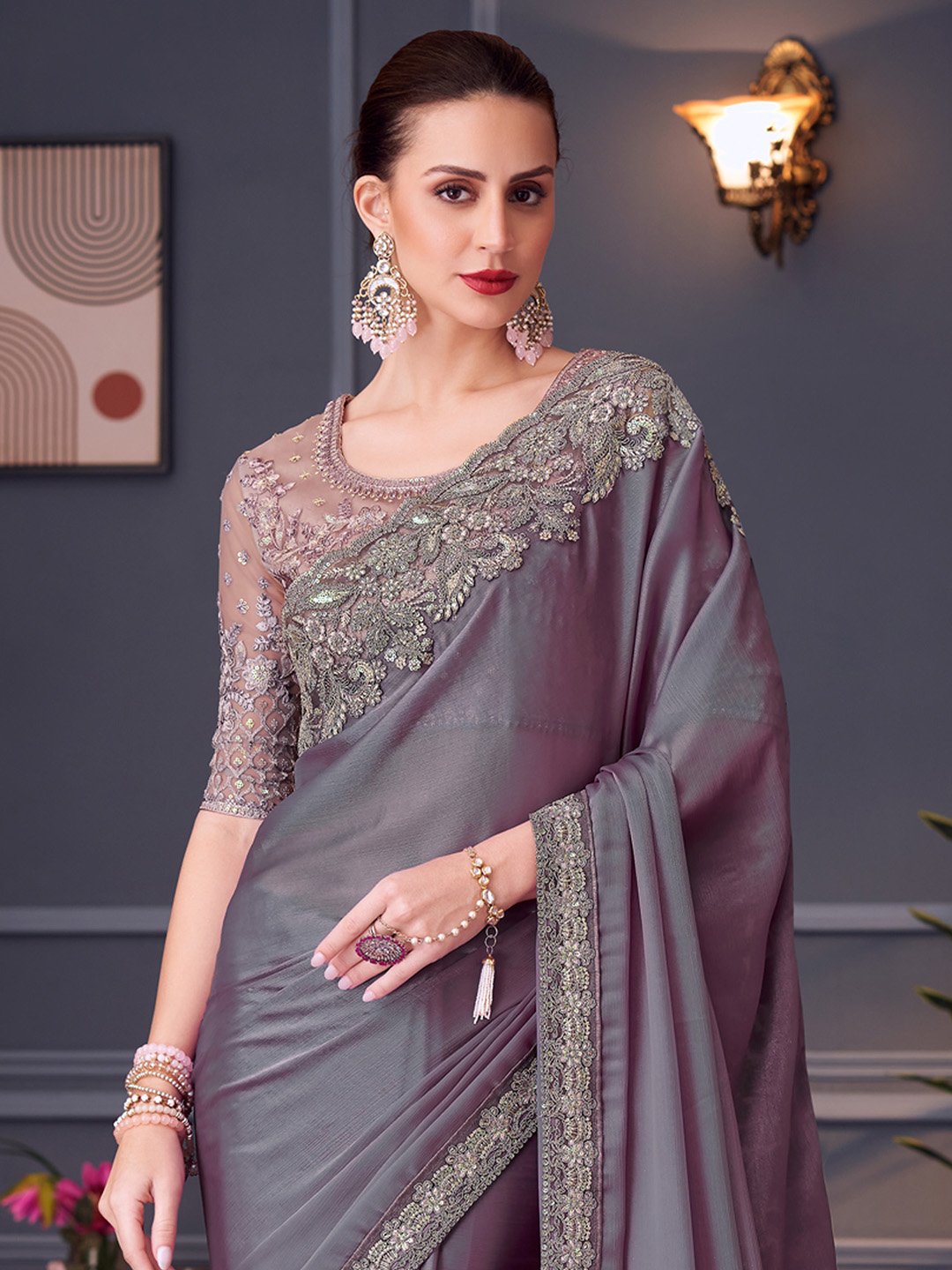 Violet Party Wear Pure Chiffon Embellished Saree