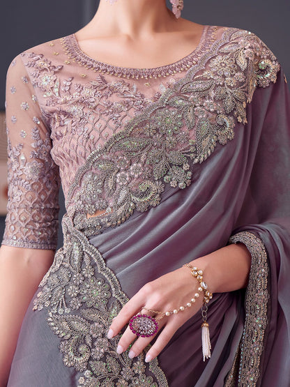 Violet Party Wear Pure Chiffon Embellished Saree