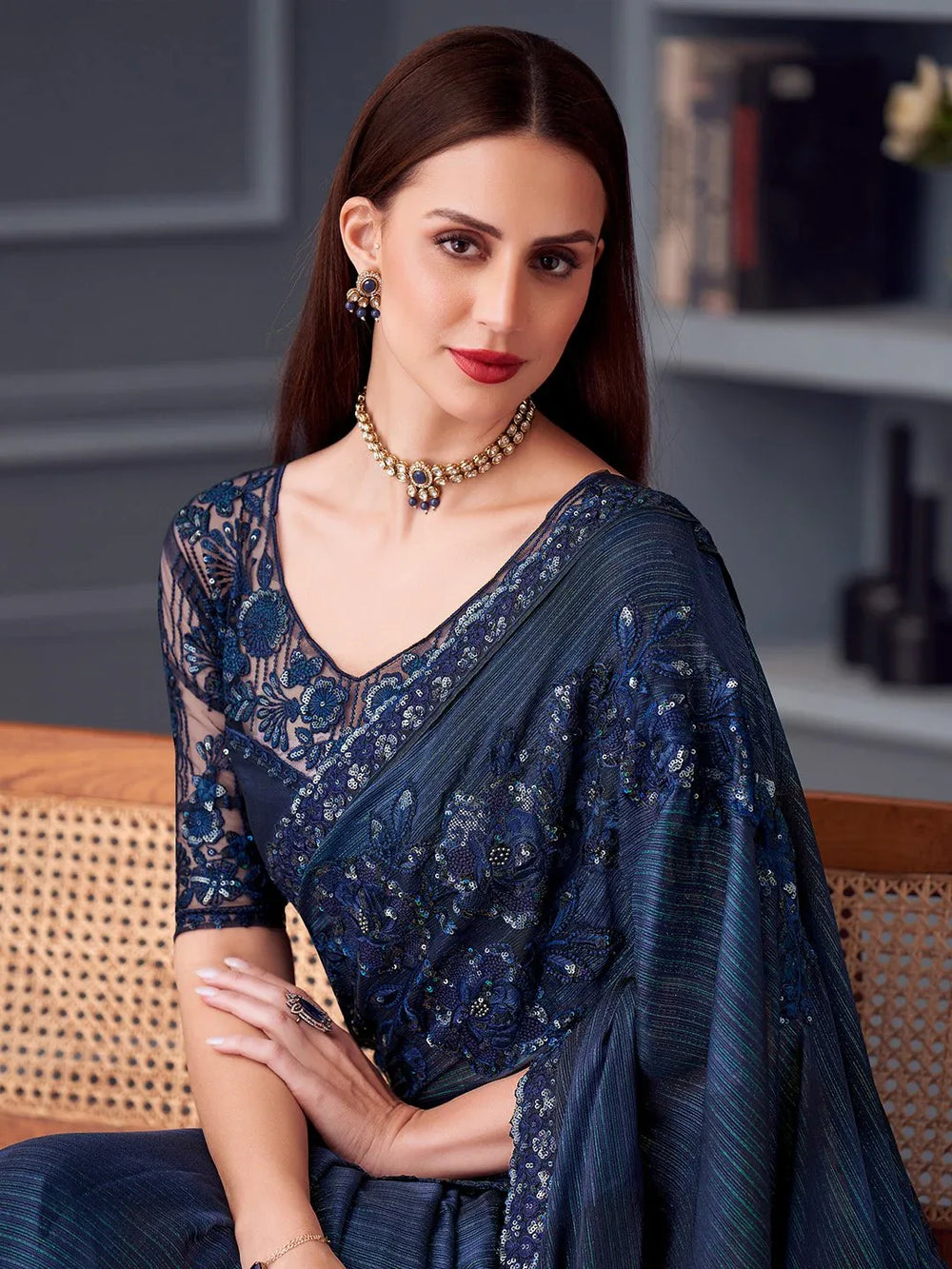 Navy Party Wear Pure Georgette Embellished Saree - The Dori Store