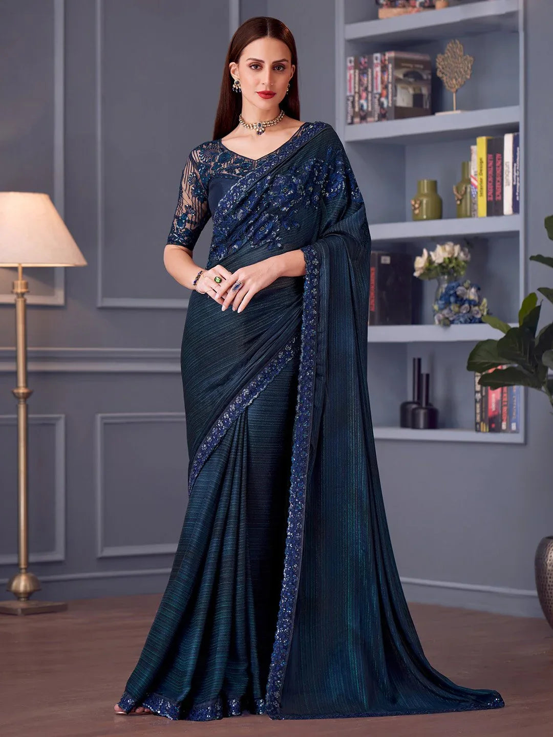 Navy Party Wear Pure Georgette Embellished Saree - The Dori Store