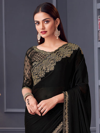 Black Party Wear Satin Silk Embellished Saree