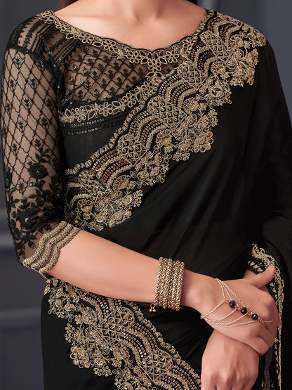 Black Party Wear Satin Silk Embellished Saree