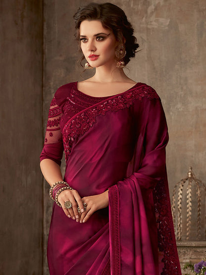 Magenta Party Wear Pure Chiffon Embellished Saree