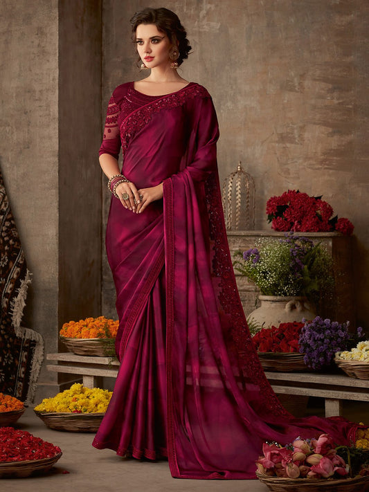 Pink Magenta Party Wear Pure Chiffon Embellished Saree