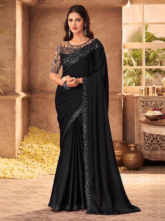 Black Black Party Wear Pure Chiffon Embellished Saree