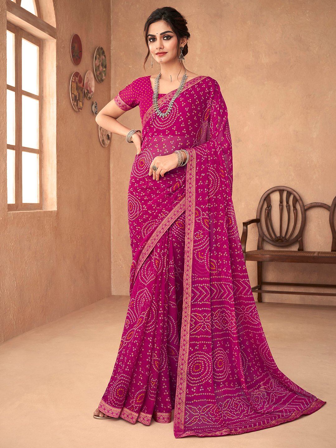 Pink Pink Bandhani Chiffon Embellished Saree