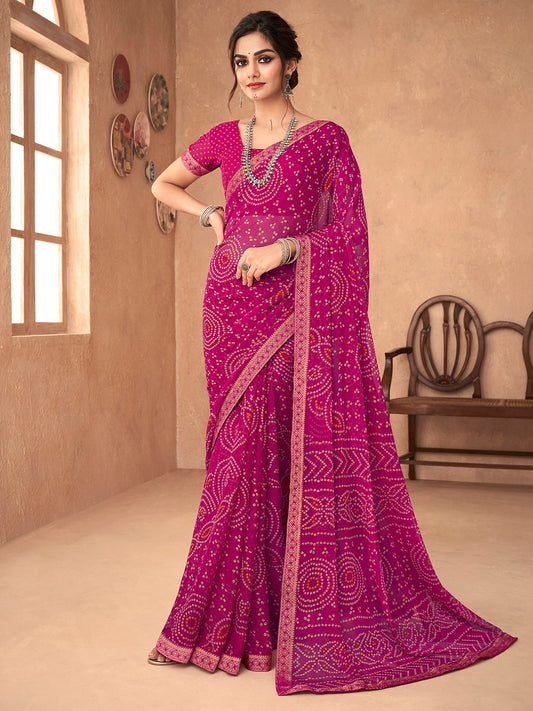 Pink Pink Bandhani Chiffon Embellished Saree