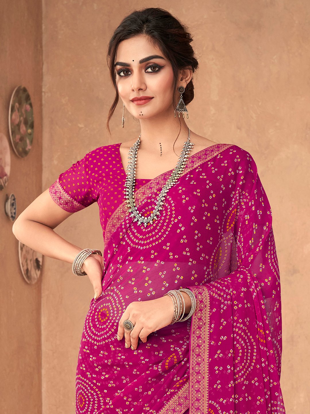 Pink Bandhani Chiffon Embellished Saree