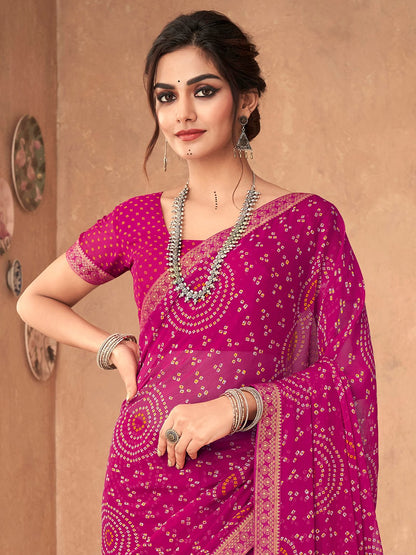 Pink Bandhani Chiffon Embellished Saree