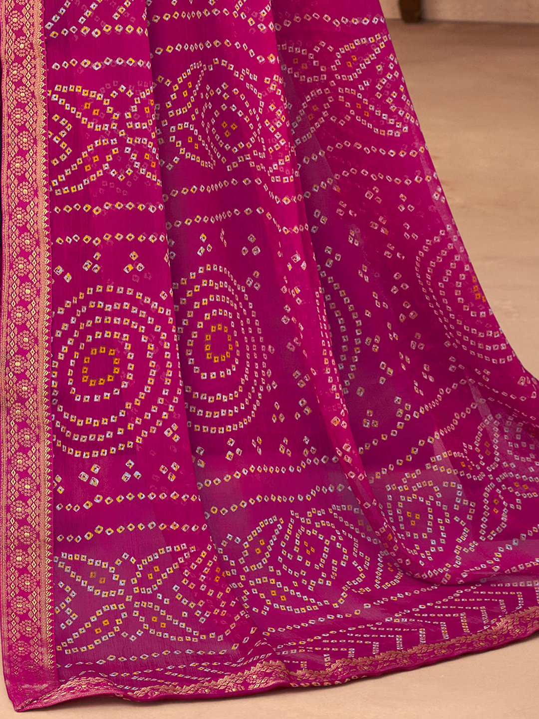 Pink Bandhani Chiffon Embellished Saree