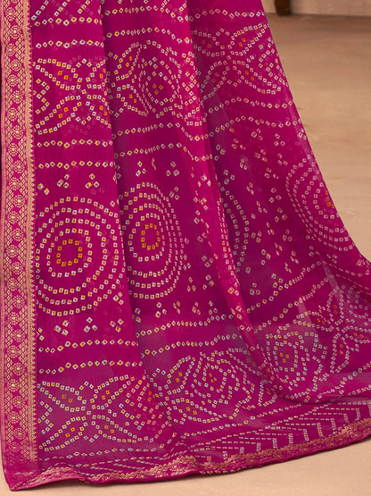 Pink Bandhani Chiffon Embellished Saree
