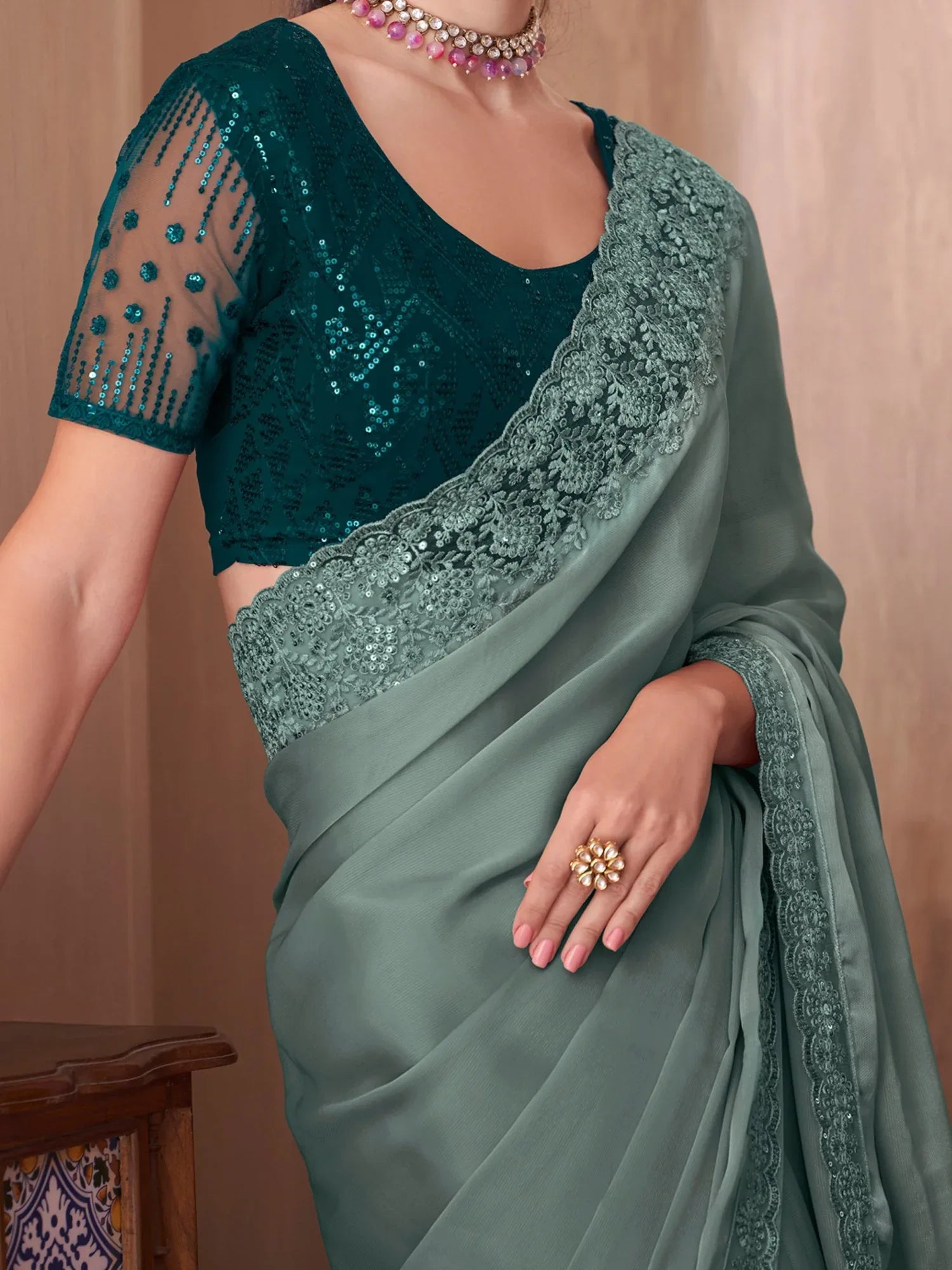 Heritage Sea Green Designer Georgette Zari Saree - The Dori Store