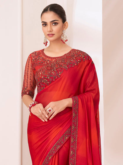 Red Party Wear Pure Chiffon Embellished Saree