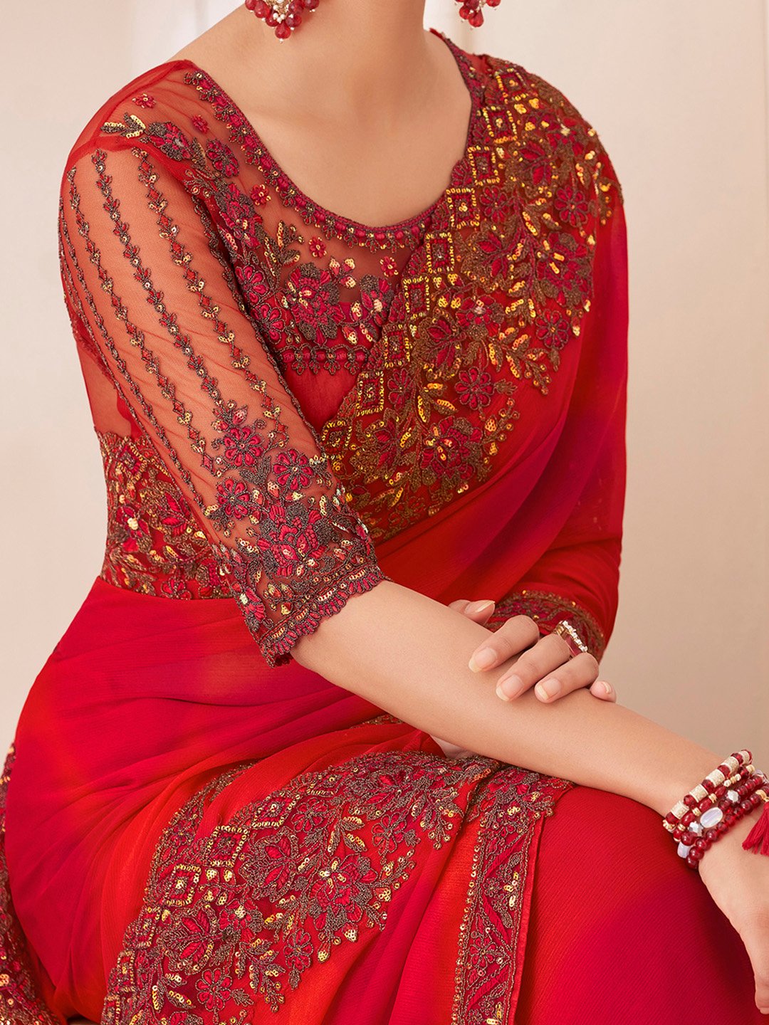 Red Party Wear Pure Chiffon Embellished Saree