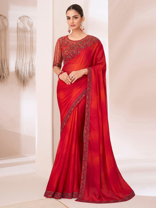 Red Red Party Wear Pure Chiffon Embellished Saree