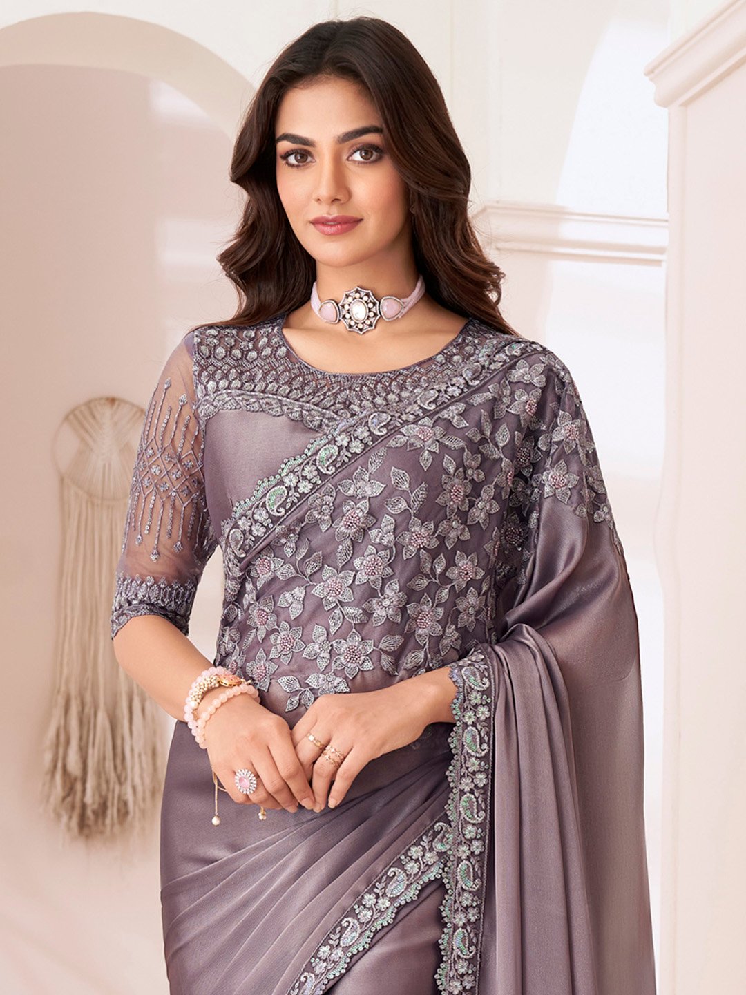 Mauve Party Wear Satin Silk Embellished Saree