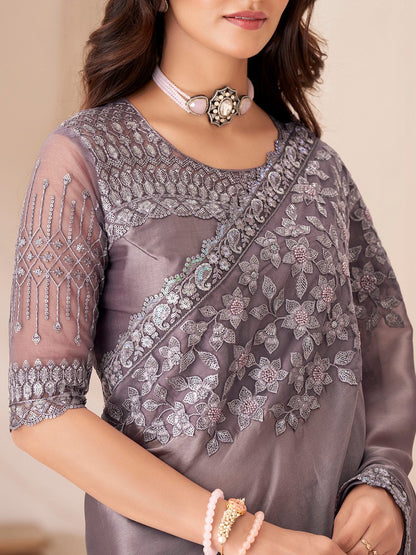 Mauve Party Wear Satin Silk Embellished Saree