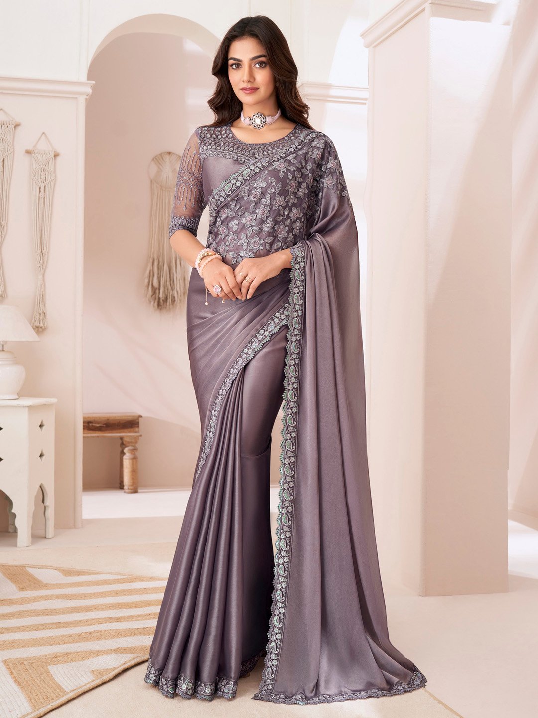 Purple Mauve Party Wear Satin Silk Embellished Saree