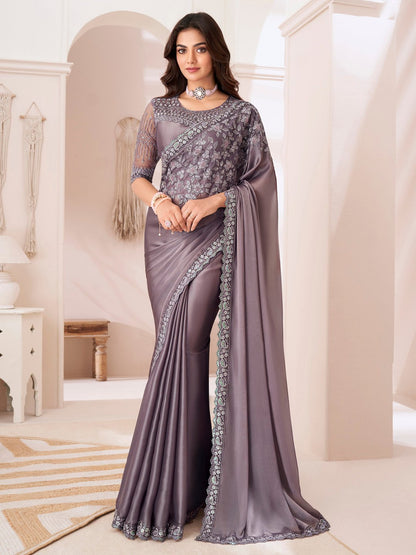 Purple Mauve Party Wear Satin Silk Embellished Saree