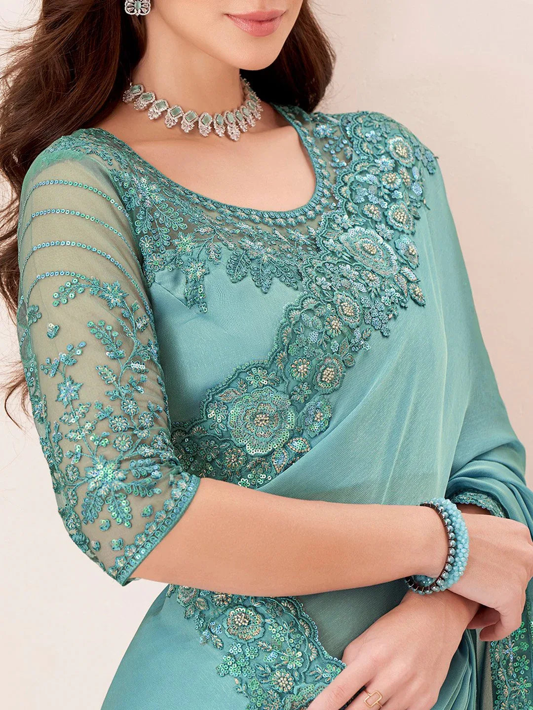 Turquoise Party Wear Pure Georgette Embellished Saree