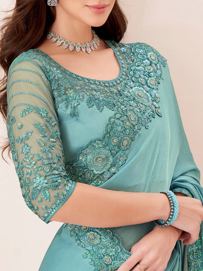 Turquoise Party Wear Pure Georgette Embellished Saree