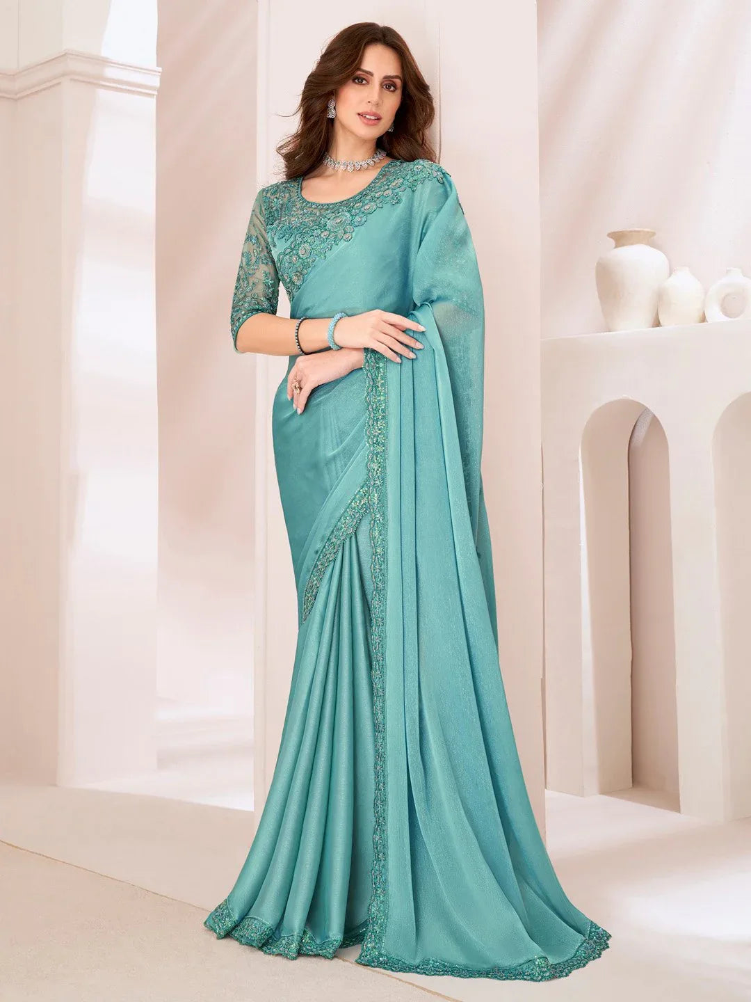 Blue Turquoise Party Wear Pure Georgette Embellished Saree