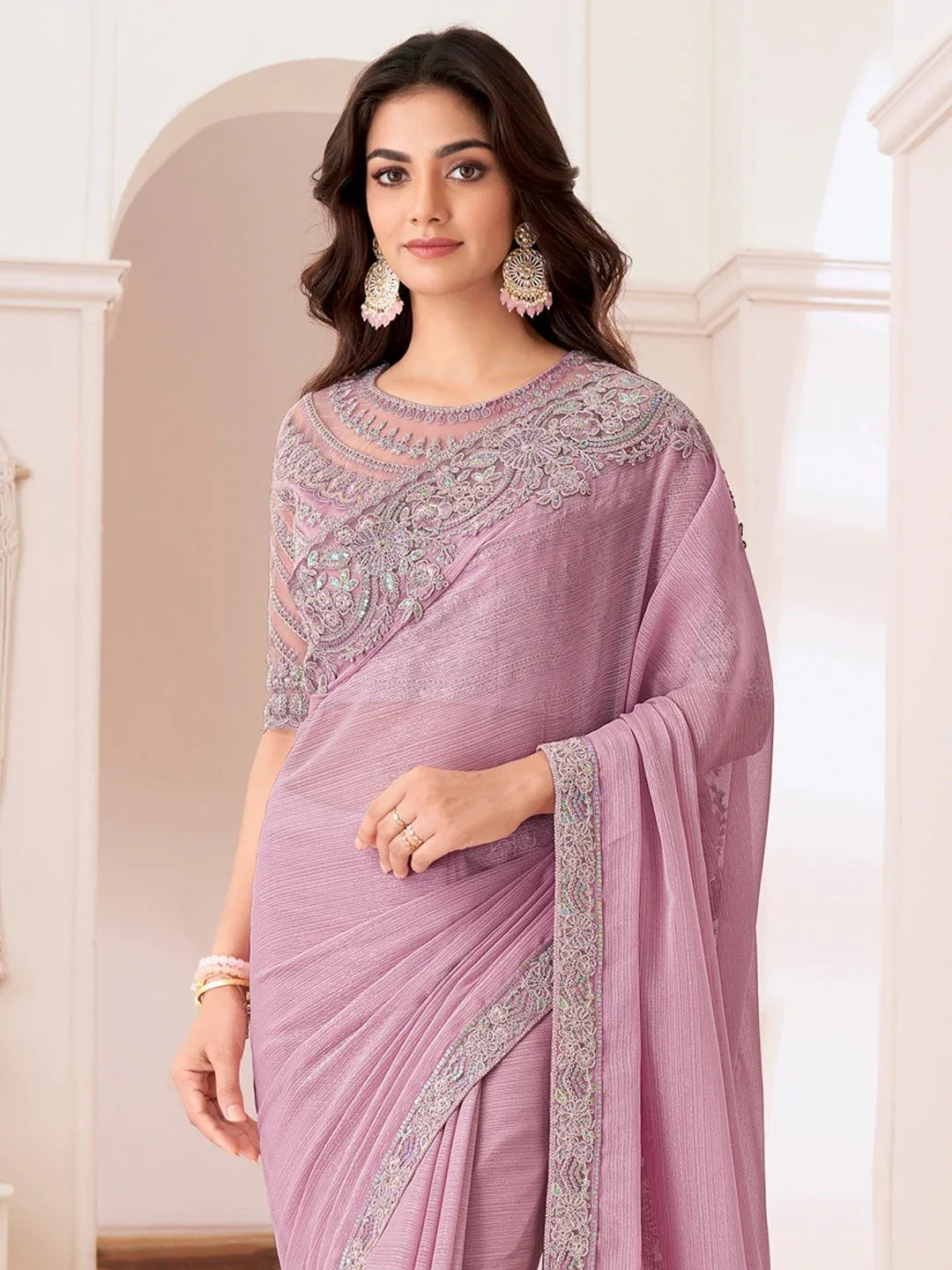 Pink Party Wear Pure Chiffon Embellished Saree