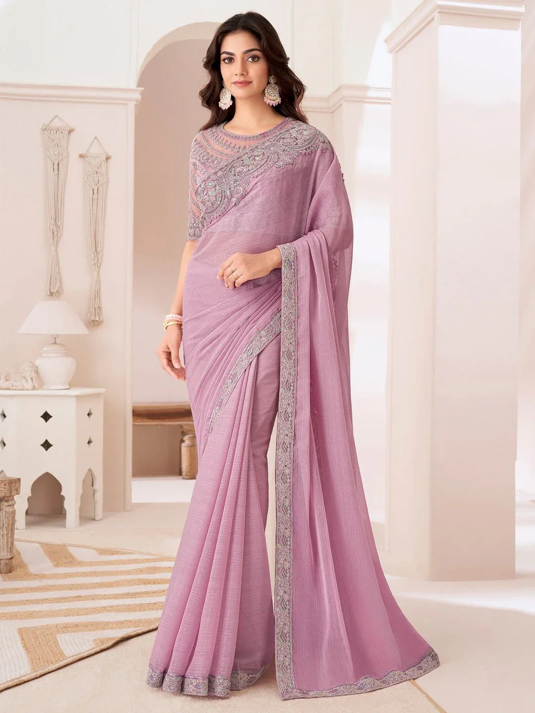 Pink Pink Party Wear Pure Chiffon Embellished Saree