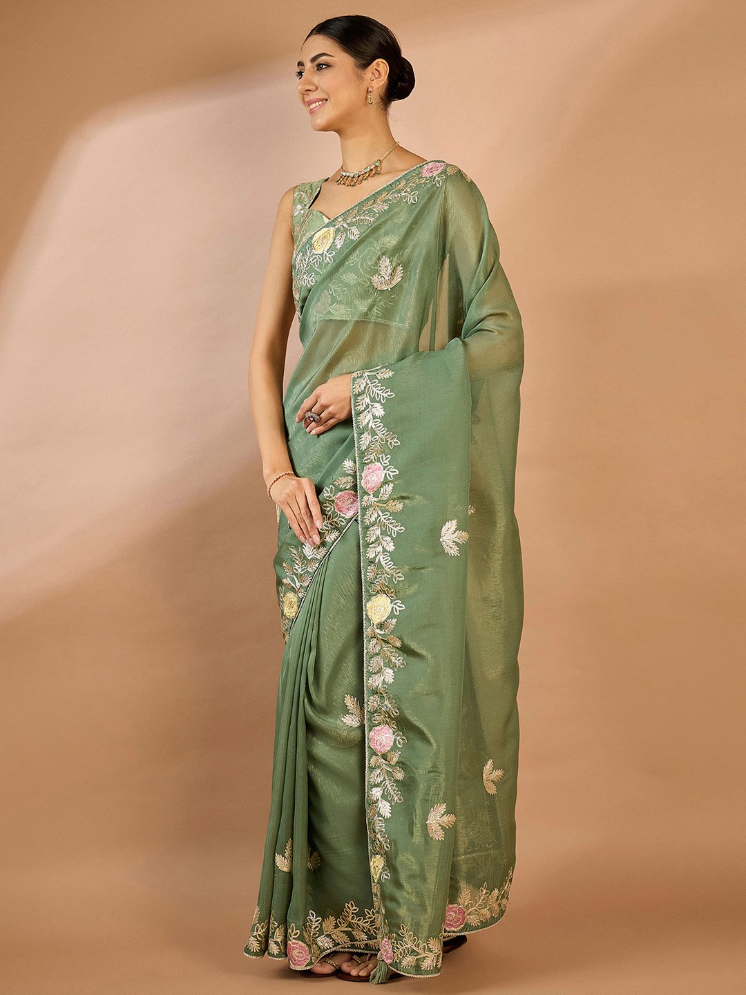 Sea Party Wear Organza Embellished Saree