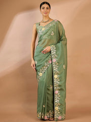 Green Sea Party Wear Organza Embellished Saree