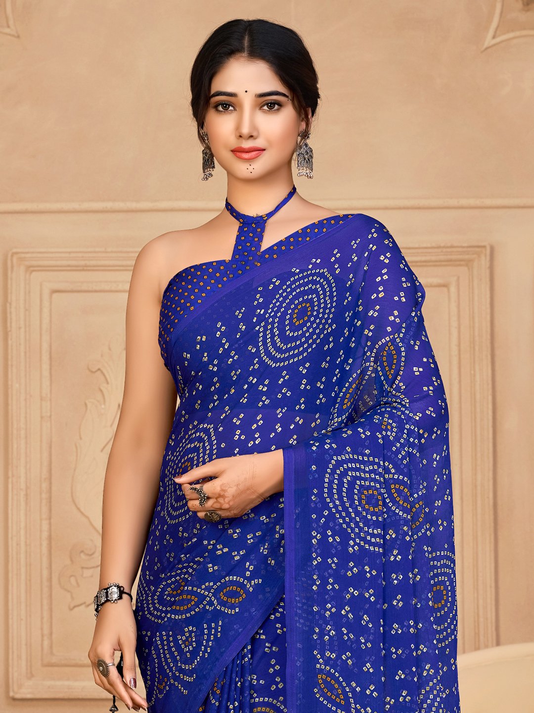 Blue Bandhani Chiffon Printed Saree