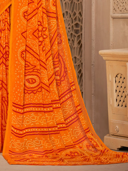 Orange Bandhani Chiffon Printed Saree