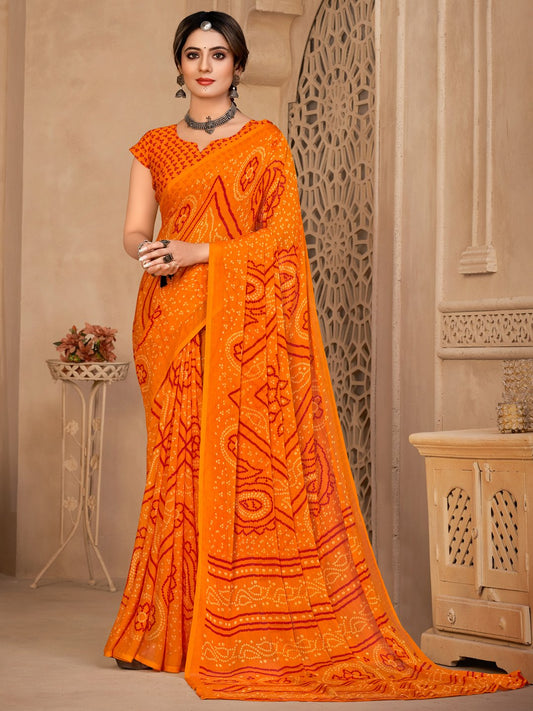 Orange Orange Bandhani Chiffon Printed Saree