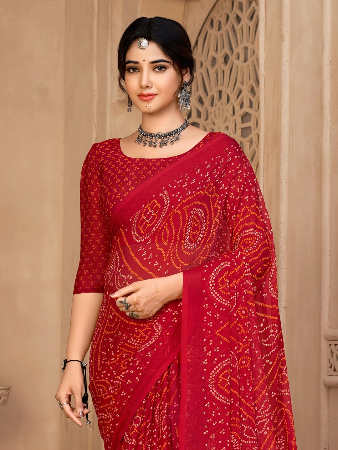 Red Bandhani Chiffon Printed Saree