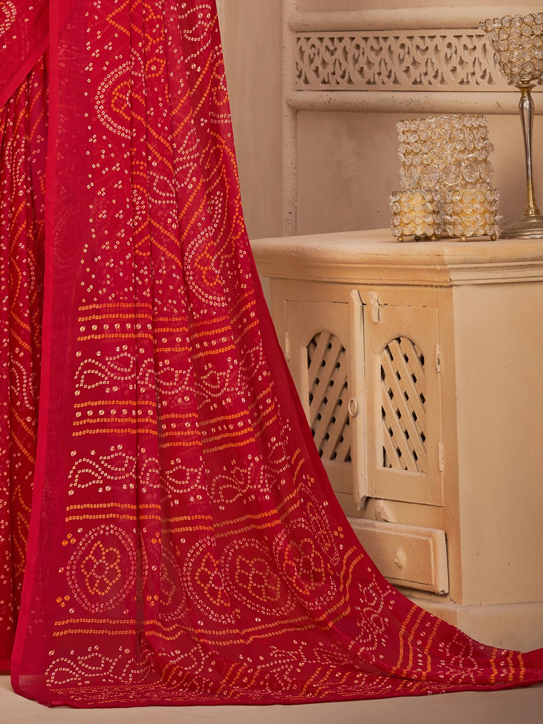 Red Bandhani Chiffon Printed Saree