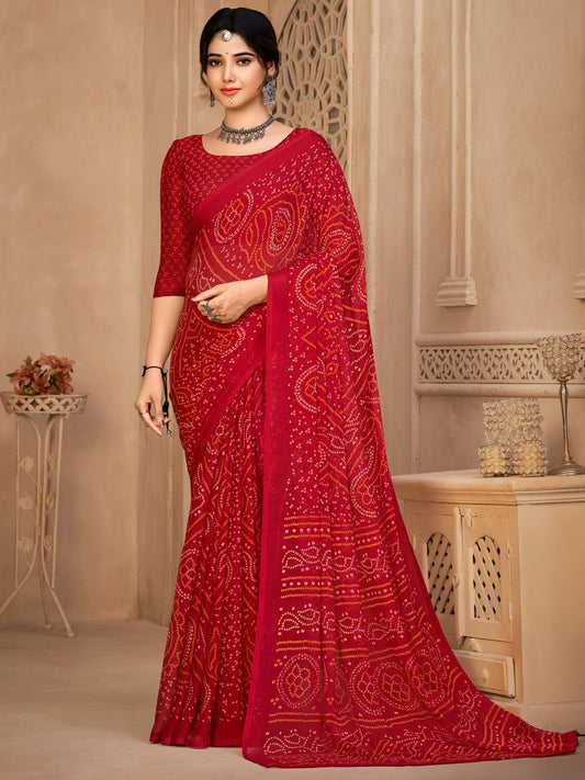 Red Red Bandhani Chiffon Printed Saree