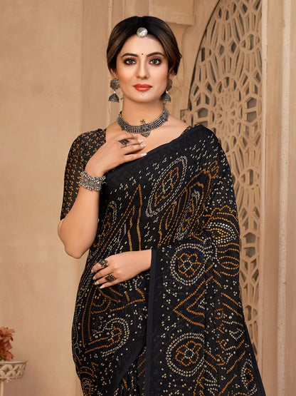 Black Bandhani Chiffon Printed Saree