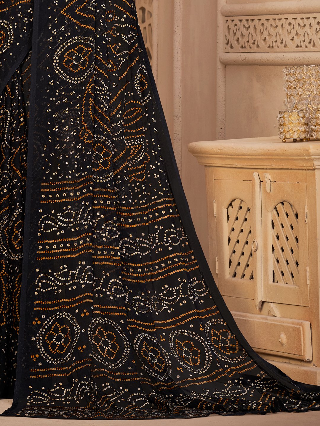 Black Bandhani Chiffon Printed Saree