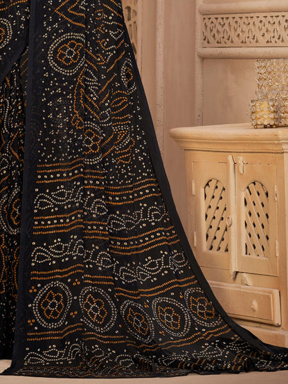 Black Bandhani Chiffon Printed Saree